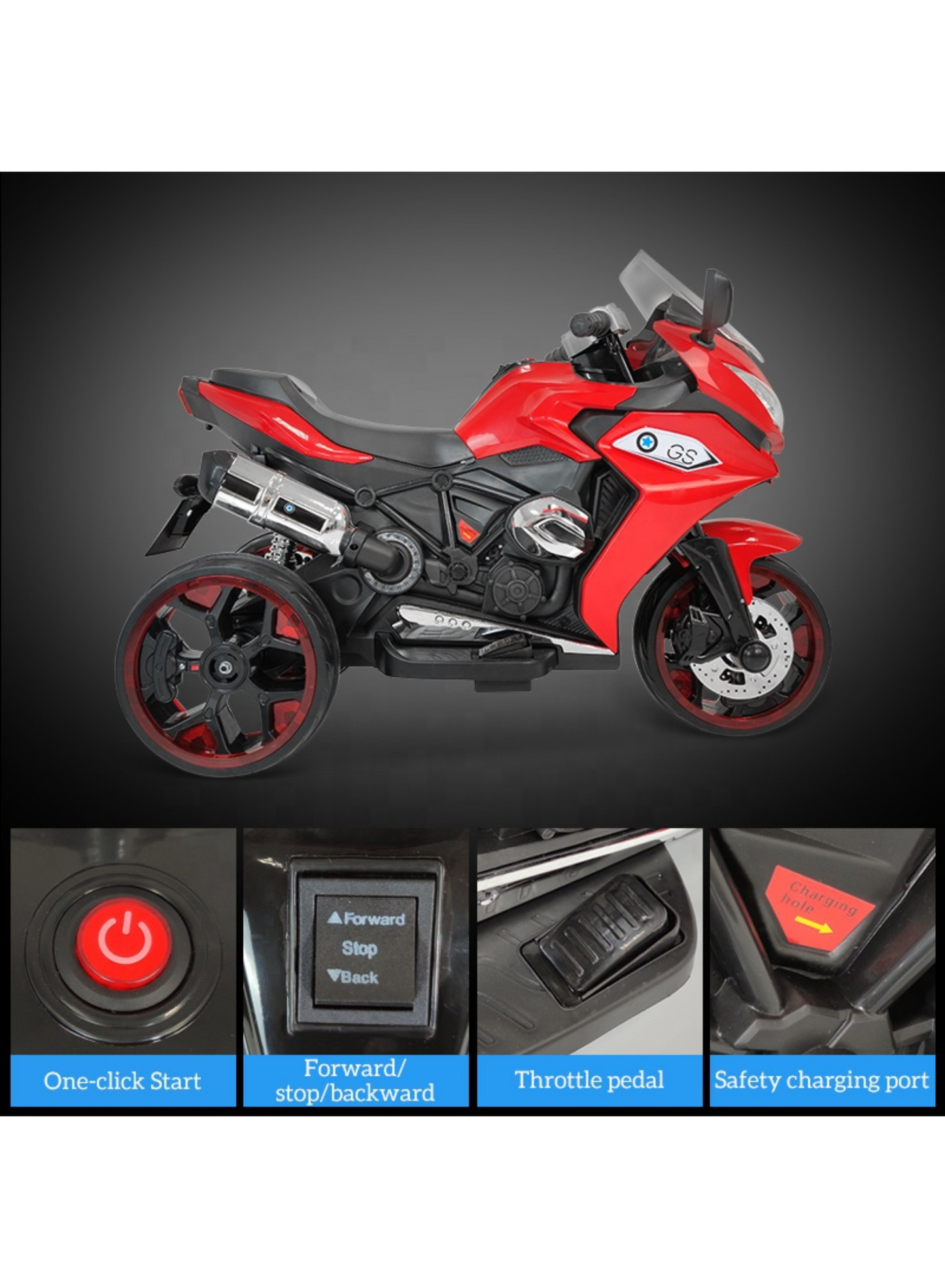 Kids 3-Wheel Electric Ride-On Motorcycle, LED & Music | Red