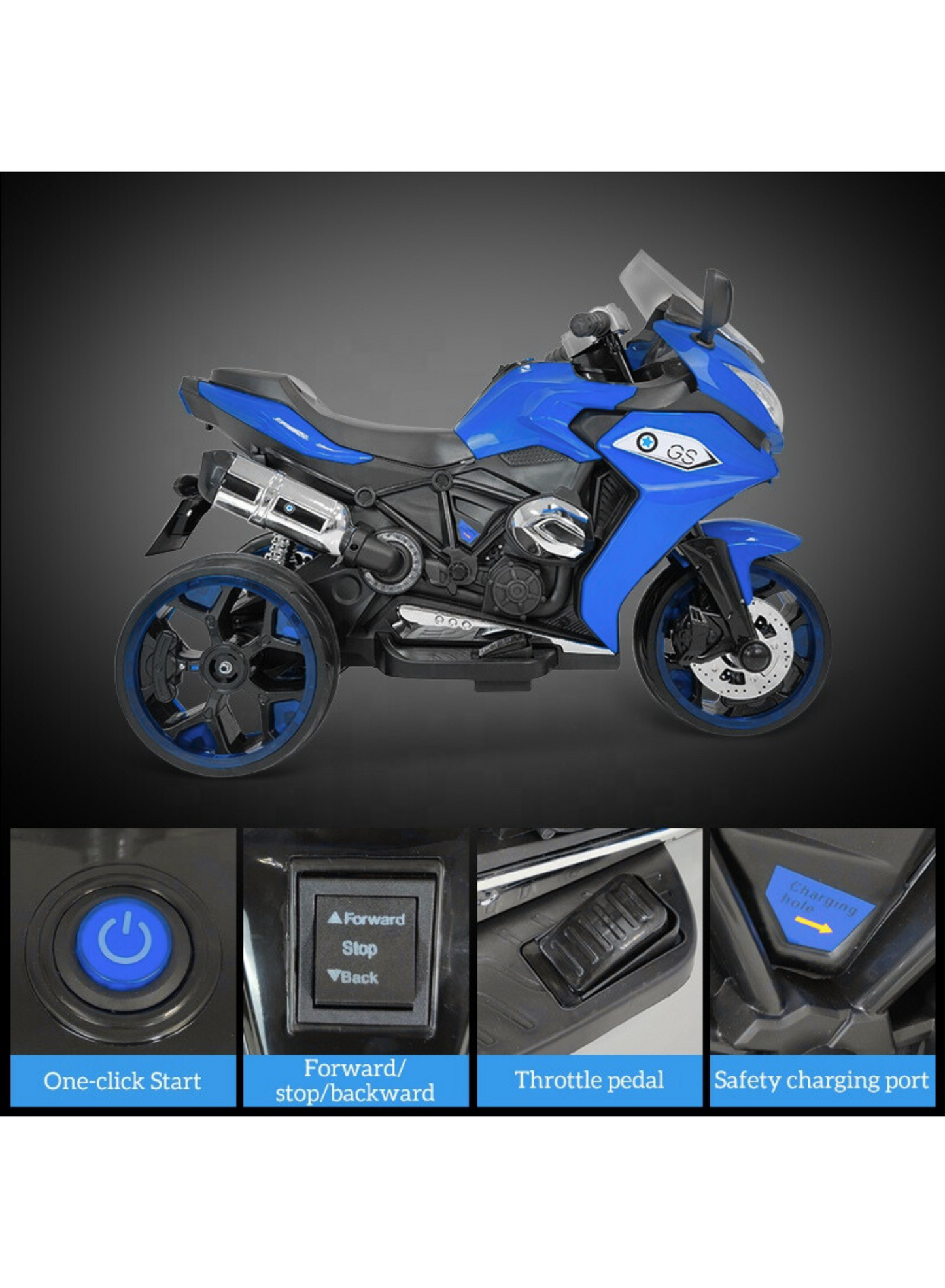 Kids 3-Wheel Electric Ride-On Motorcycle, LED & Music | Blue