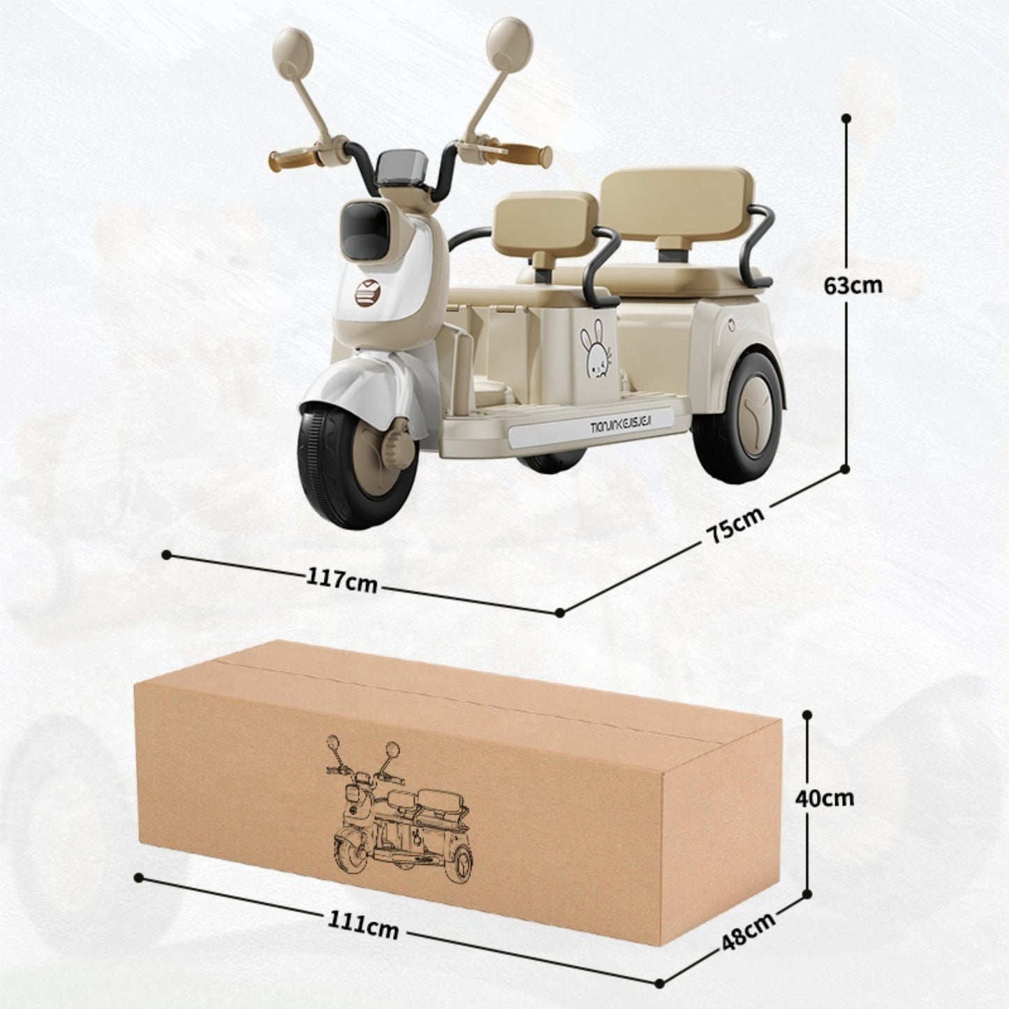 Kids Electric Ride-On Motorcycle 2-Seater, 3-Wheel, Music & LED Lights – Beige