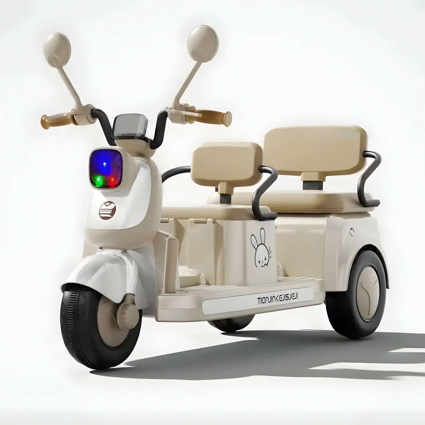 Kids Electric Ride-On Motorcycle 2-Seater, 3-Wheel, Music & LED Lights – Beige