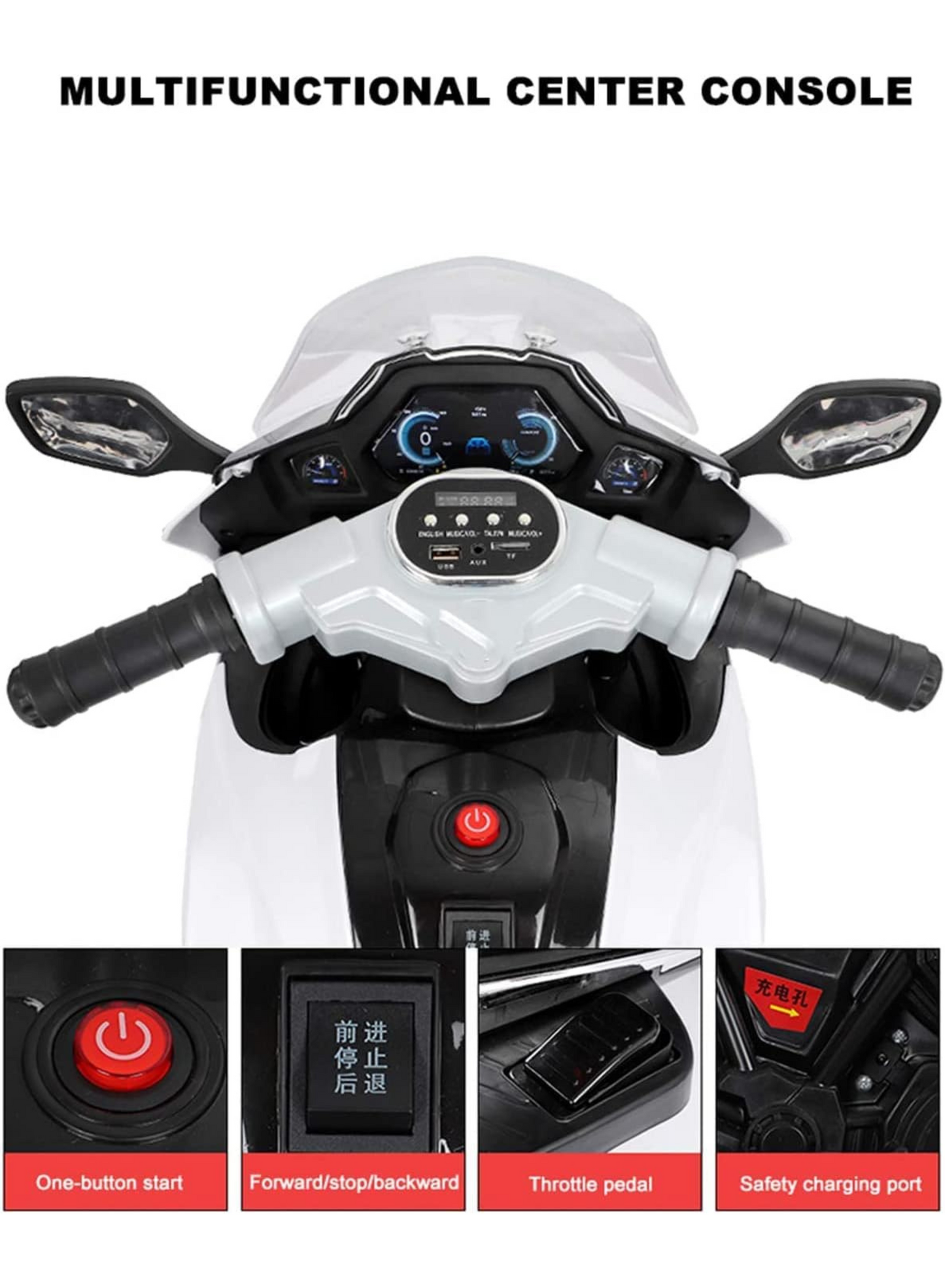Kids 3-Wheel Electric Ride-On Motorcycle, LED & Music | White