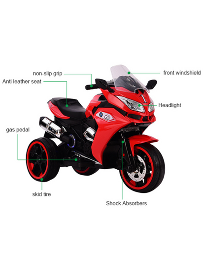 Kids 3-Wheel Electric Ride-On Motorcycle, LED & Music | Red