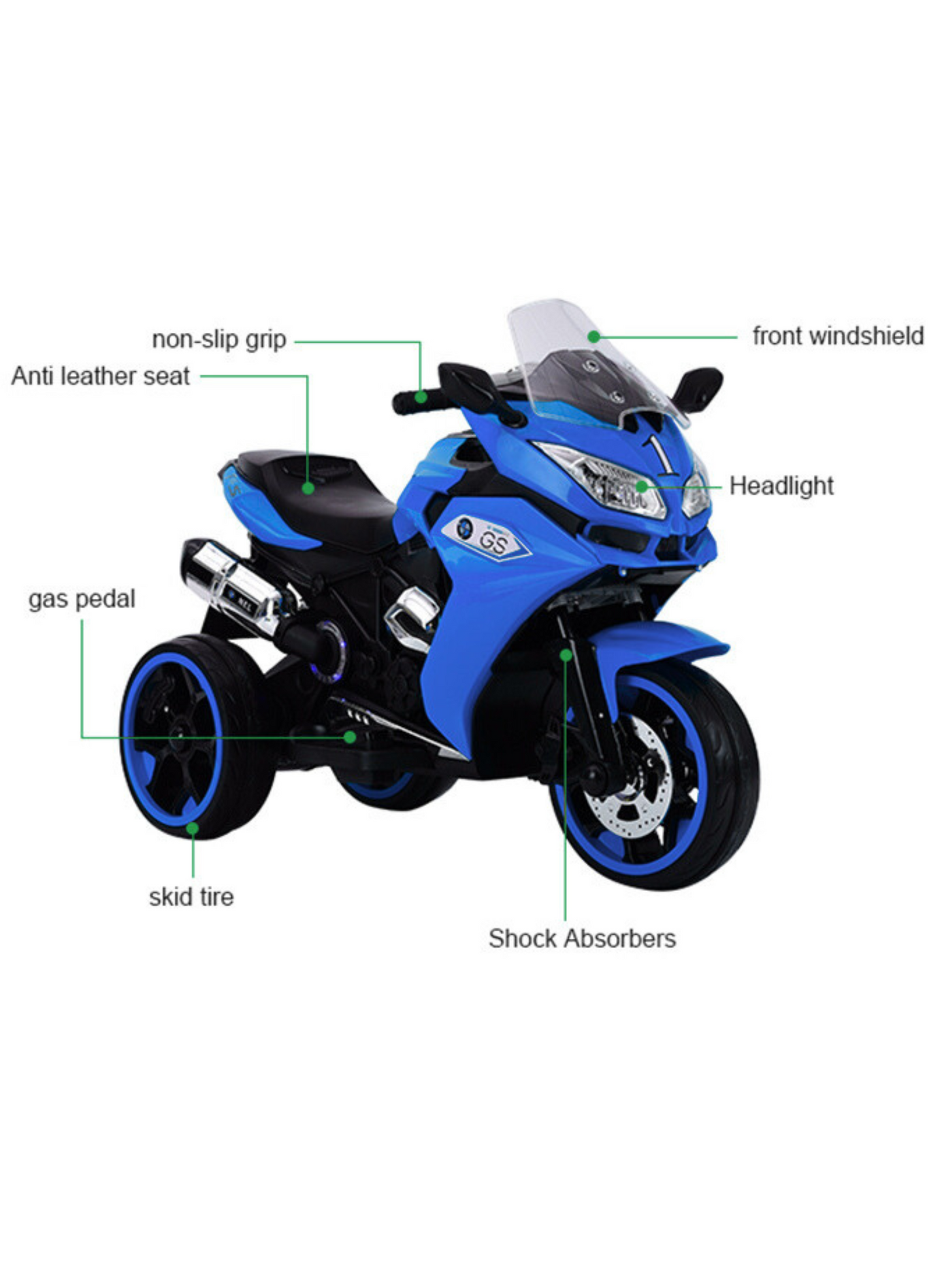 Kids 3-Wheel Electric Ride-On Motorcycle, LED & Music | Blue