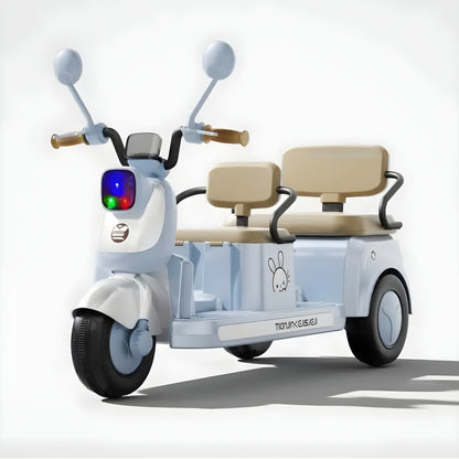 Kids Electric Ride-On Motorcycle 2-Seater, 3-Wheel, Music & LED Lights – Blue