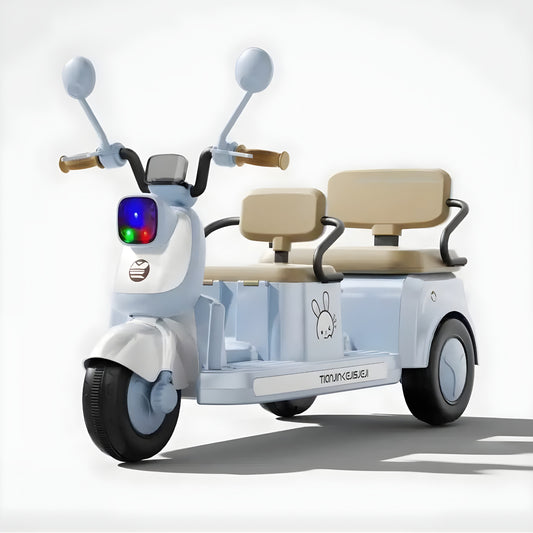 Kids Electric Ride-On Motorcycle 2-Seater, 3-Wheel, Music & LED Lights – Blue