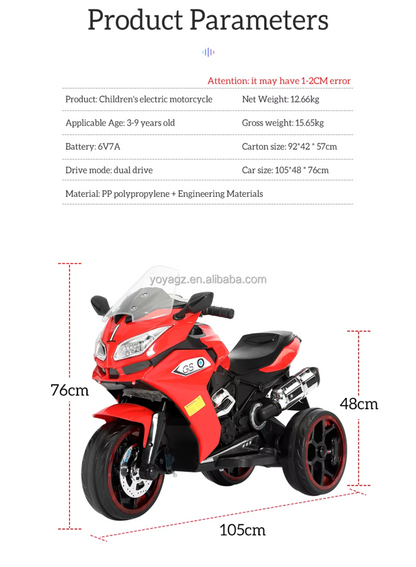 Kids 3-Wheel Electric Ride-On Motorcycle, LED & Music | Red