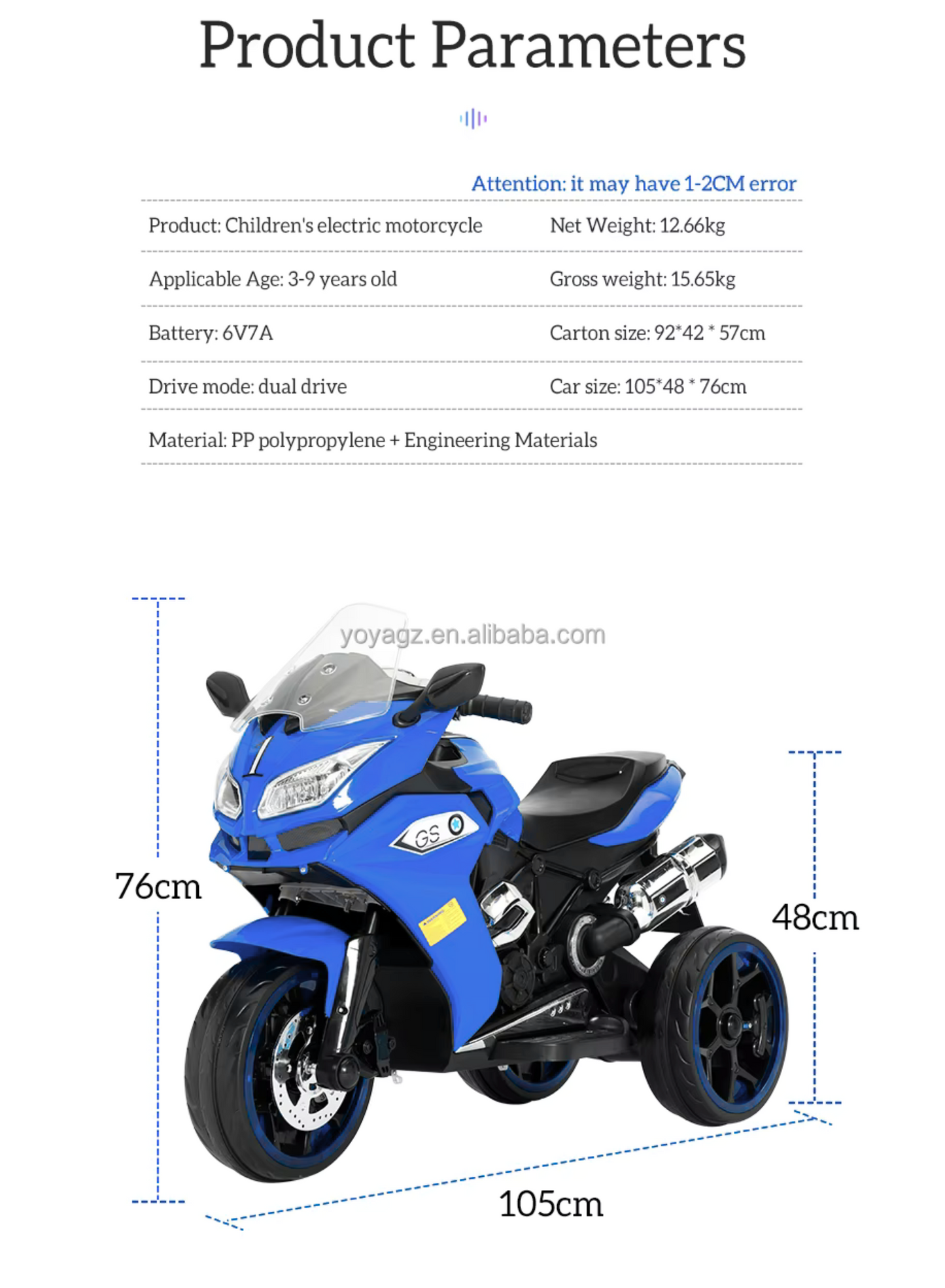 Kids 3-Wheel Electric Ride-On Motorcycle, LED & Music | Blue