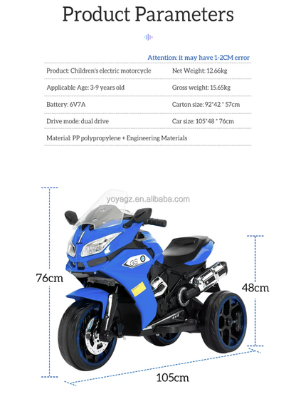 Kids 3-Wheel Electric Ride-On Motorcycle, LED & Music | Blue
