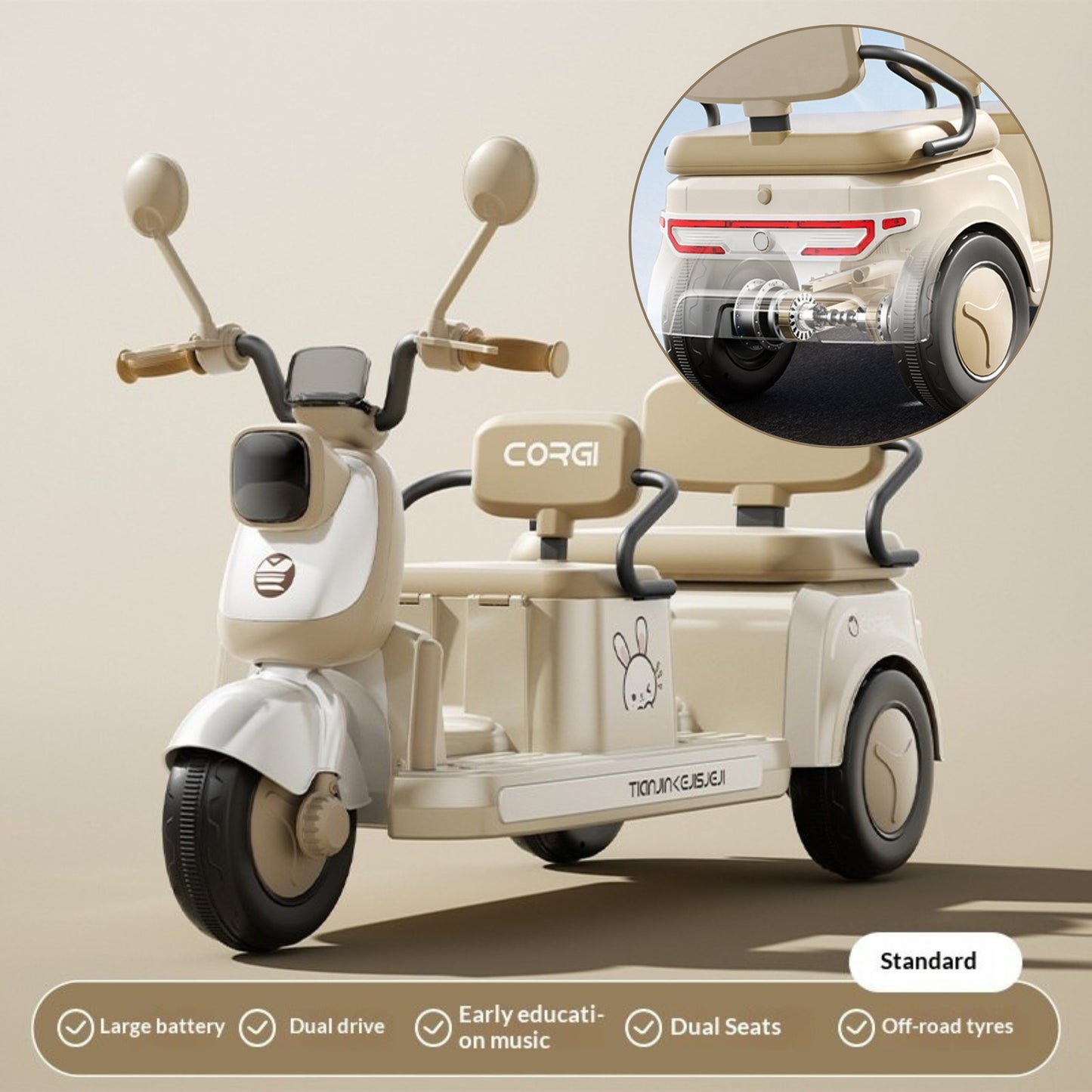 Kids Electric Ride-On Motorcycle 2-Seater, 3-Wheel, Music & LED Lights – Beige