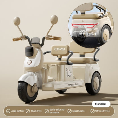 Kids Electric Ride-On Motorcycle 2-Seater, 3-Wheel, Music & LED Lights – Beige