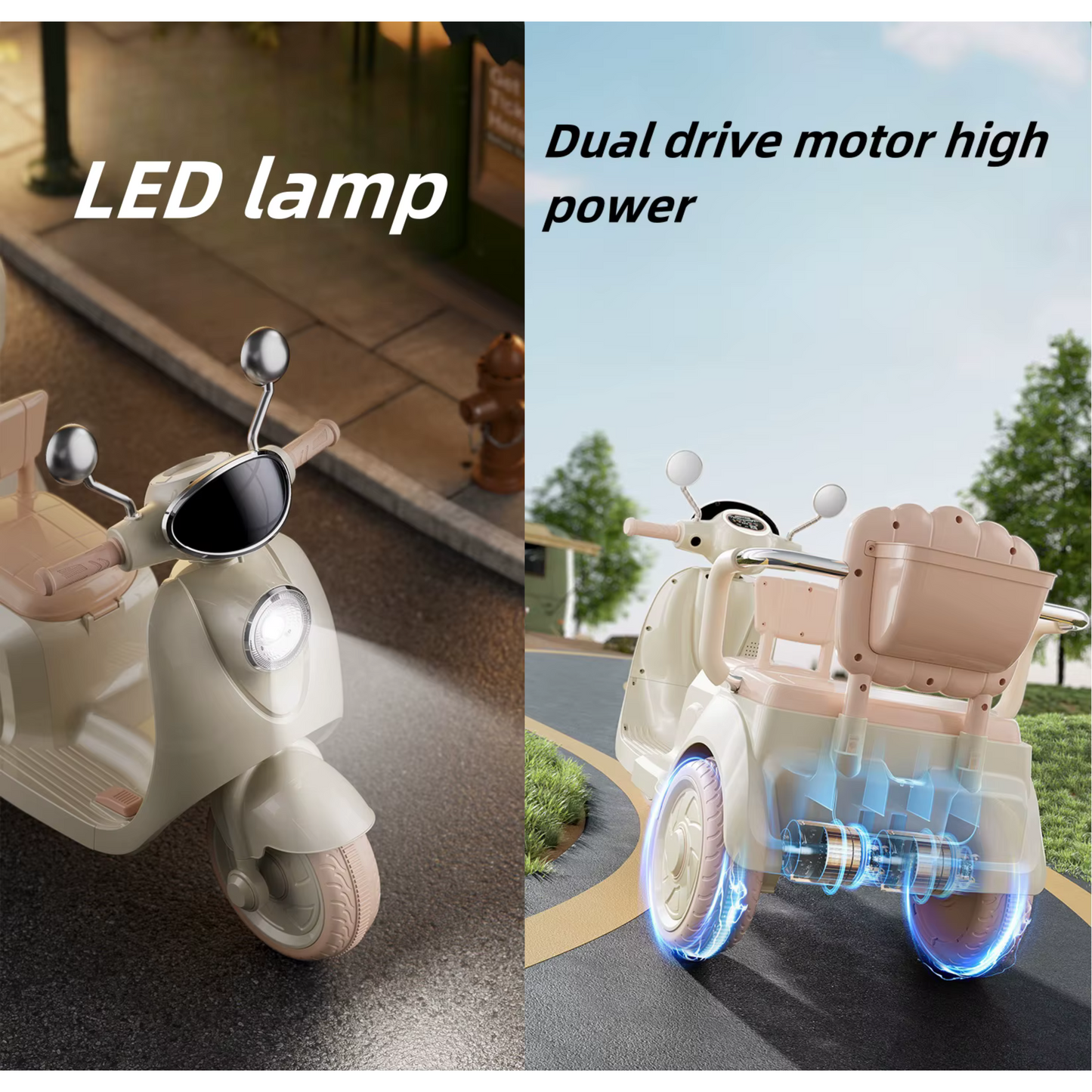 Kids 2-Seater Electric Ride-On Motorcycle – 3-Wheel, LED & Music
