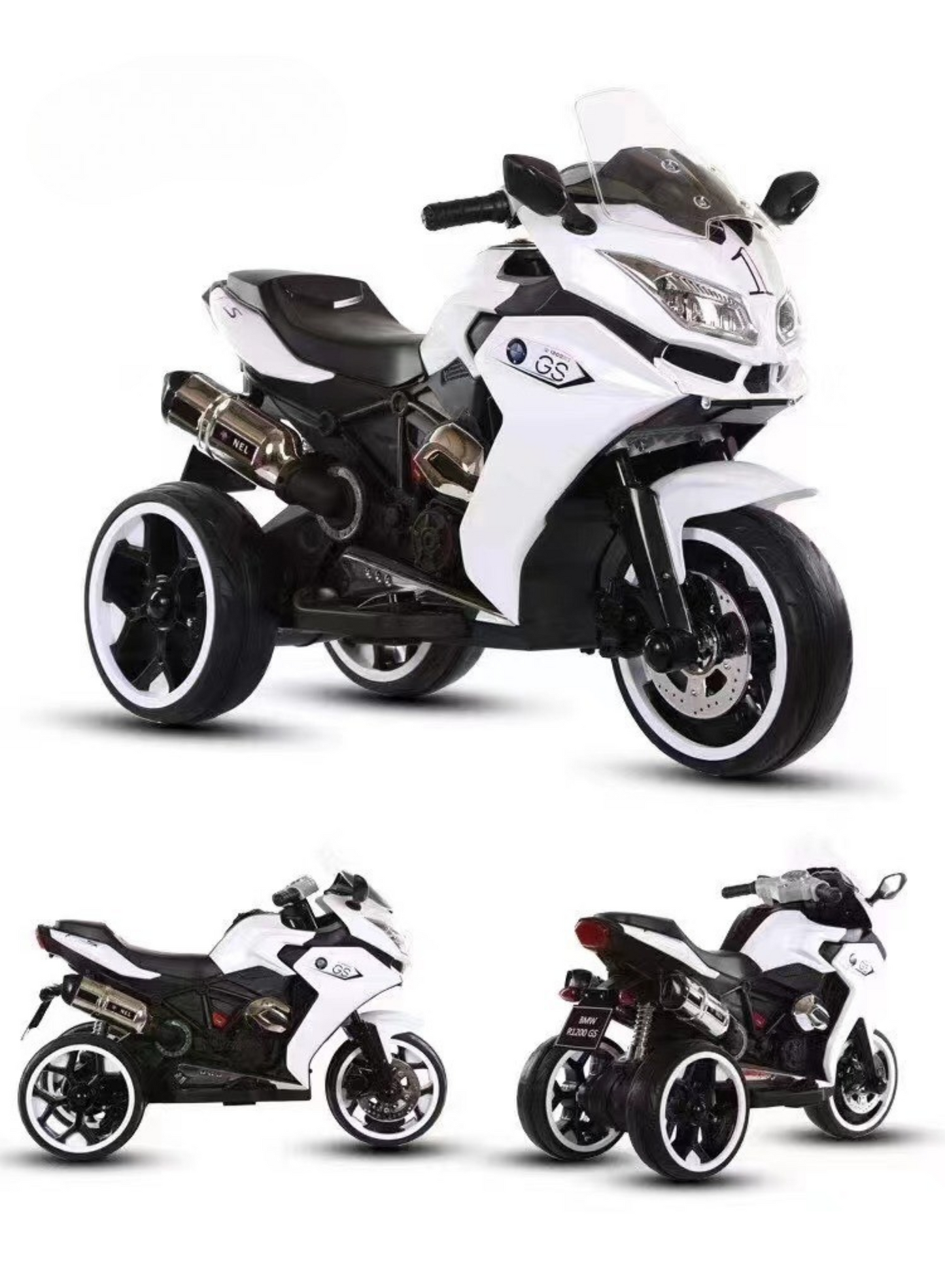 Kids 3-Wheel Electric Ride-On Motorcycle, LED & Music | White