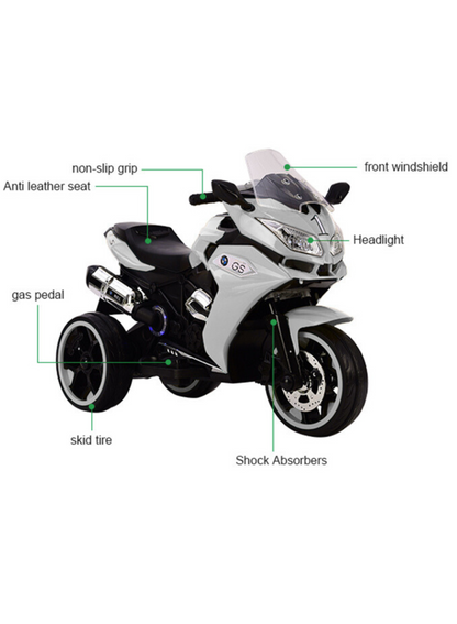 Kids 3-Wheel Electric Ride-On Motorcycle, LED & Music | White