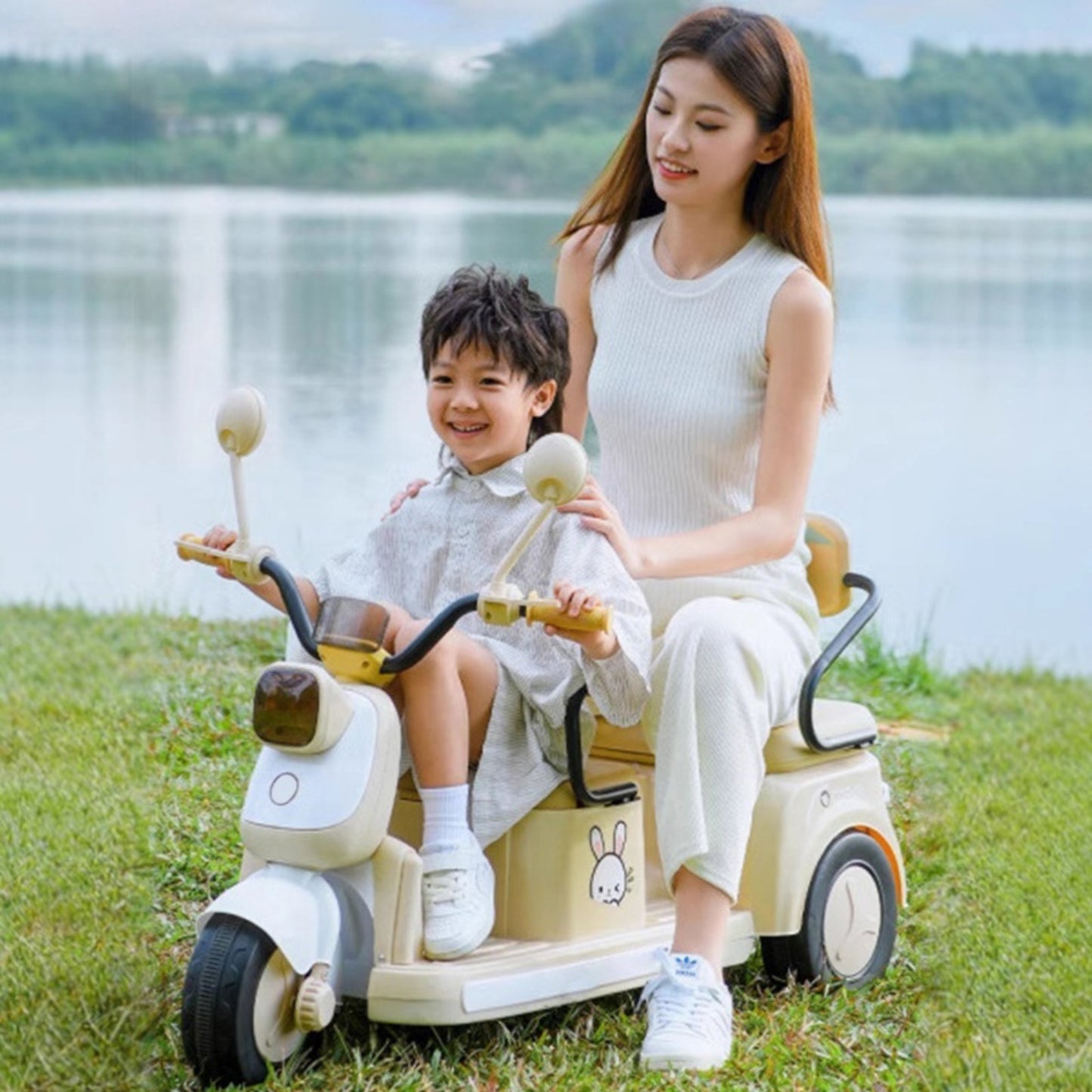 Kids Electric Ride-On Motorcycle 2-Seater, 3-Wheel, Music & LED Lights – Blue