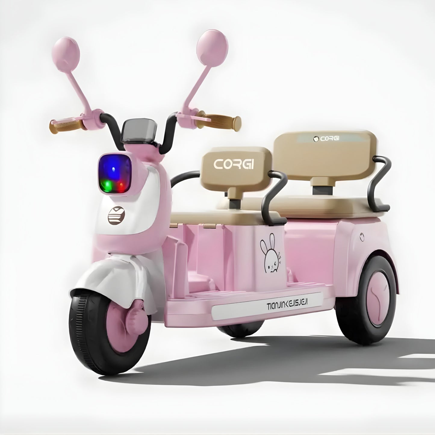 Kids Electric Ride-On Motorcycle 2-Seater, 3-Wheel, Music & LED Lights – Beige
