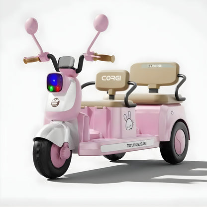 Kids Electric Ride-On Motorcycle 2-Seater, 3-Wheel, Music & LED Lights – Beige